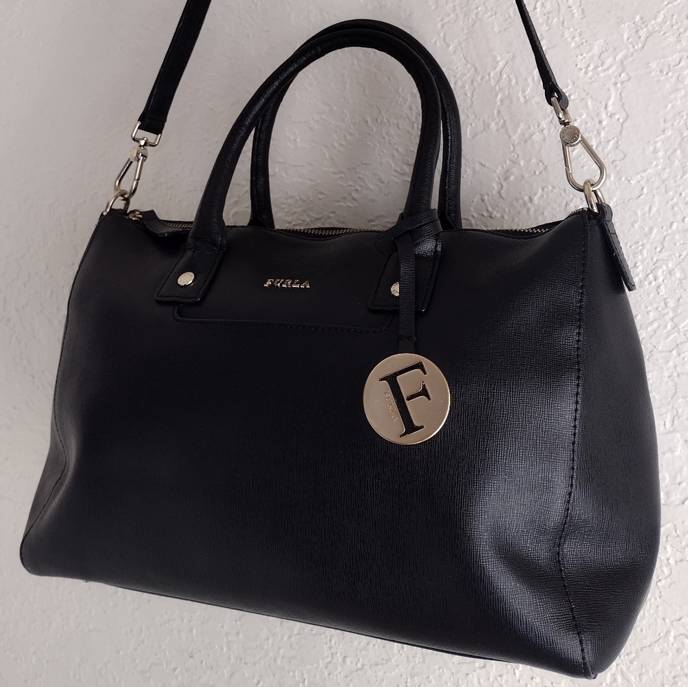 Furla Linda Medium Leather Black And Gold Satchel Bag - Picture 4 of 14